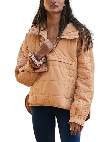 AMEBELLE Damen Oversized Hooded Puffer Jacket Quilted Lightweight Winter Warm Pullover Padded Hoodies Coat, Helles Braun, S von AMEBELLE