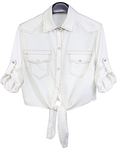 AMEBELLE Damen Roll-Up 3/4 Ärmel Tie Front Knoten Shirt Chambray Denim Crop Top, #2 Weiß, Groß von AMEBELLE