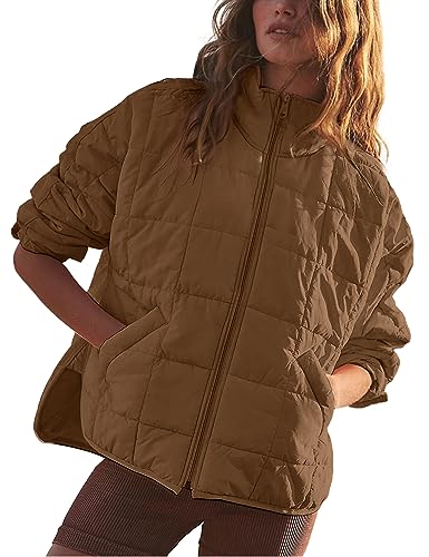 AMEBELLE Damen Steppjacke Übergroße Puffer Jacke Leicht Reißverschluss Winter Warm Mantel Oberbekleidung mit Taschen, Braun, M von AMEBELLE