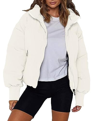 AMEBELLE Damen Winter Thermo Baggy Stehkragen Full Zip Puffer Down Mäntel Jacke, Cremeweiß, S von AMEBELLE