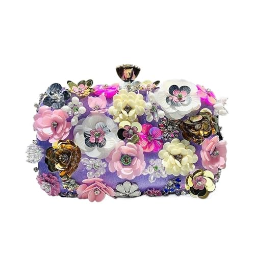 AMEEDA Damen Clutch Perlen 3D-Perlen-Blumen-Abendtasche, elegante Box-Clutch-Geldbörse, Damen-Hochzeitshandtaschen for Party-Abschlussball(Color:PURPLE) von AMEEDA