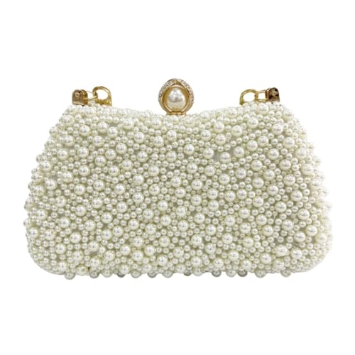 AMEEDA Damen Clutch Perlen Perlen-Damen-Abendtaschen, ausgehöhlt, elegante Perlen-Clutch mit Griff, Kette, Kleid, Schulter-Handtaschen, Diamanten(Color:Beige) von AMEEDA