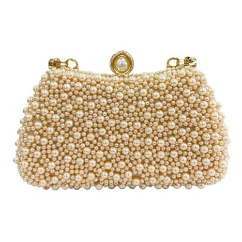 AMEEDA Damen Clutch Perlen Perlen-Damen-Abendtaschen, ausgehöhlt, elegante Perlen-Clutch mit Griff, Kette, Kleid, Schulter-Handtaschen, Diamanten(Color:Champagne) von AMEEDA