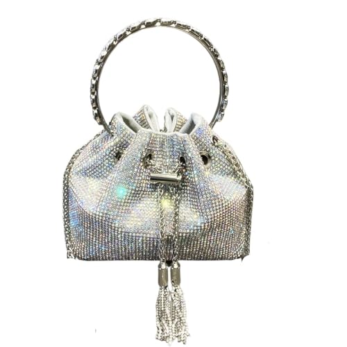 AMEEDA Diamante Clutch Bag Geldbörsen und Handtaschen, Taschen for Damen, Eimer-Clutch, Abend-/Banketttasche, Kristall-Strass-Umhängetaschen(Color:Silver AB medium) von AMEEDA