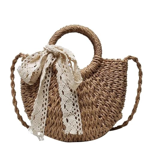 AMEEDA Strohtaschen Damen Handmade Half-Round Rattan Woven Straw Bag Summer Women Messenger Crossbody Bags Girls Small Beach Handbag (Color : Khaki Ribbon) von AMEEDA