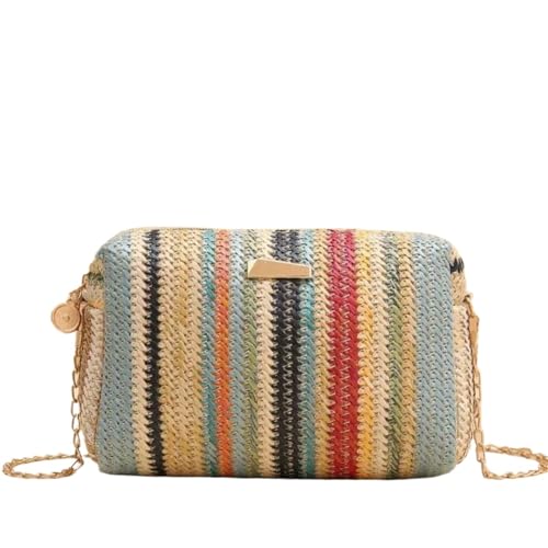 AMEEDA Strohtaschen Damen Rattan Knitting Women Straw Bag Beach Summer Chain Small Purse And Handbag Female Shoulder Crossbody Bags Travel Design Flap Bag (Color : Blue) von AMEEDA