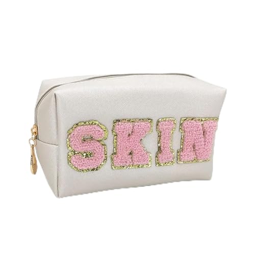 Kosmetiktasche Damen Chenille Letter PU Leather Makeup Bag Waterproof Toiletry Bag Zipper Portable Skin Makeup Pouch Cosmetic Bag for Travel Accessor(Color:Skin Beige) von AMEEDA