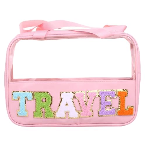 Kosmetiktasche Damen Preppy Clear TRAVEL Makeup Bags with Chenille Letter Stuff Patches Large Clear Make Up Bag Zipper Pouch with Handle(Color:TRAVEL) von AMEEDA