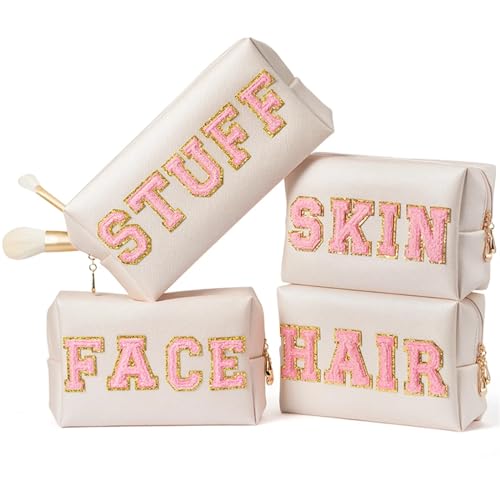 Kosmetiktasche Damen Preppy Patch Extra Large Varsity Chenille Letter Makeup Bag PU Leather Waterproof Portable Cosmetic Toiletry Bag Organizer Gift(Color:4PCS) von AMEEDA