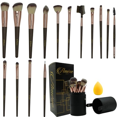 Améne Make-up-Pinsel-Set, 15-teilig, hochwertige synthetische Grundierung, Puder, Concealer, Lidschatten, Rouge, Pinsel mit schwarzem Etui, Braun von AMÈNE NYC