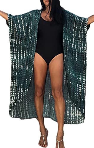 AMEOOR Damen Kimono Badeanzug Swimsuit Coverups Beach Cover Up Swimwear Cardigan Sommer Bademode Bedecken Pareos Nachtwäsche B-Dunkelgrün von AMEOOR