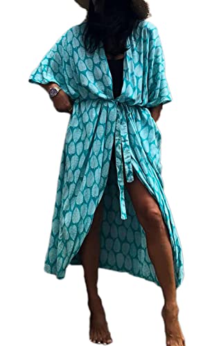 AMEOOR Damen Kimono Cardigan Strand Sommer Loose Lange Boho Bikini Cover Up Oversized Mode Leichte Frauen Beachwear Bedecken Strandkleider A-Pfau blau von AMEOOR