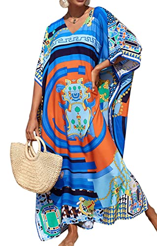 AMEOOR Damen Print Türkisch Kaftan Beachwear Bikini Cover Up Maxikleid Übergroßer Kaftan Strandkleid Print Bikini-Überwurf Hauskleid A-Muster 6 von AMEOOR