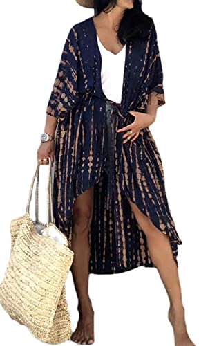 AMEOOR Damen Sommer Bademode Vertuschung Kimono Lose Schal Strickjacke Sommer Bluse Stylish Tie Dye Open Front Long Kimono Strandkleid für Damen B-Navy Tie-dye von AMEOOR