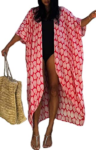 AMEOOR Damen Sommer Bikini Cover Up Maxi Strandkleid Boho Lang Leichte Strickjacke Beachwear Kimono Strand Cardigan Bademode Sommerkleid A-Rot von AMEOOR