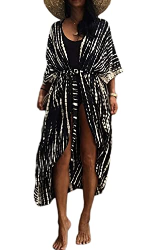 AMEOOR Damen Sommer Strand Kimono Cardigan Lange Cover Ups Plus Size Print Kimono Strickjacken Badeanzug Cover Ups für Bademode Umstandskleid B-Schwarz von AMEOOR