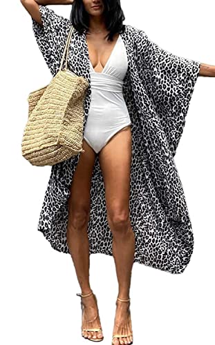 AMEOOR Damen Tie Dye Offene Front Lange Kimono Badeanzug Cover up für Frauen Morgenmantel Bikini Umhang Strandkleid B-Schwarz grau von AMEOOR