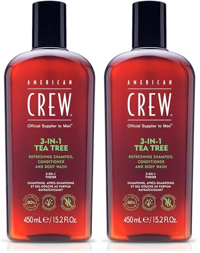 AMERICAN CREW – 3-in-1 Tea Tree Shampoo, Conditioner & Body Wash mit Teebaumöl, 450 ml, Pflegeshampoo und Spülung für Männer, Duschgel zur täglichen Reinigung von Körper und Haar (Packung mit 2) von AMERICAN CREW