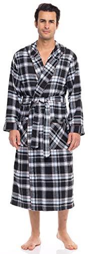 AMERICAN HEAVEN Herren-Bademantel aus Flanell-Fleece, mit Kapuze, weicher Baumwoll-Schalkragen, volle Länge, kariert, Schwarz/Blau kariert, Small-Medium von AMERICAN HEAVEN