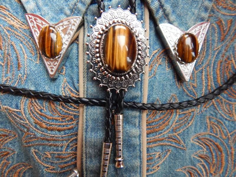 Goldenes Tigerauge Bolokrawatte & Kragenspitzen Set Silber Metall Hochzeitsschmuck von AMERICANMAGIC