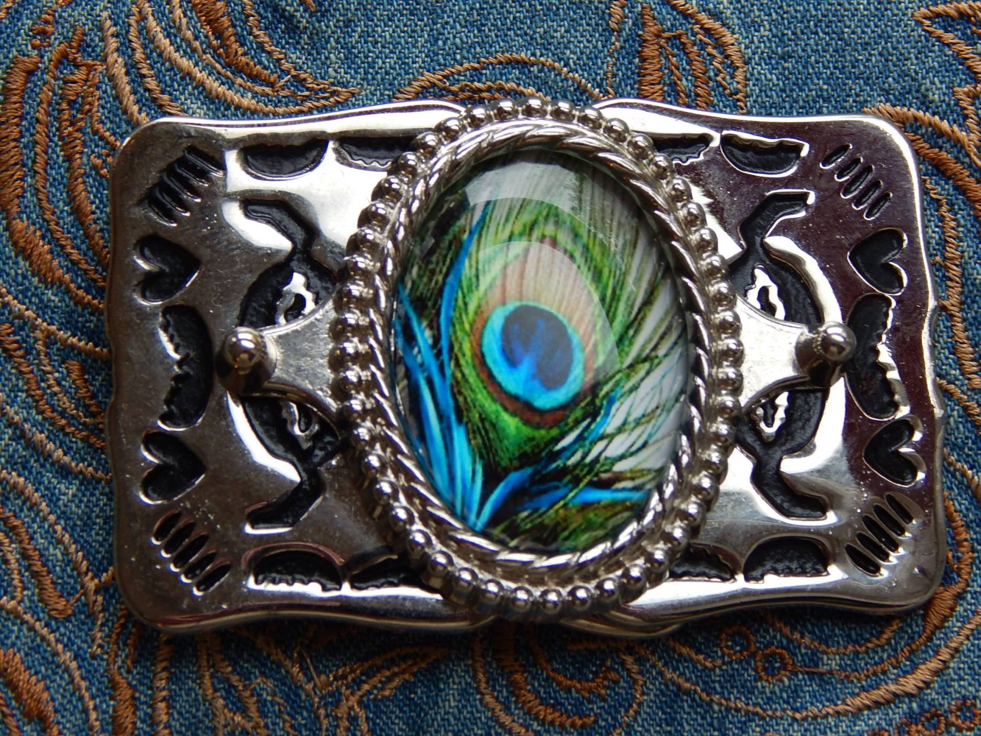 Neu Gürtelschnalle Silber Farben Metall Pfauenfeder Muster Damen Herren Hochzeit Bräutigam Western von AMERICANMAGIC