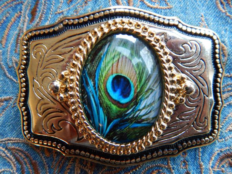 Neu Pfauenfeder Muster Gürtelschnalle Goldfarbe Metall Hochzeit Bräutigam Damen Männer Boho von AMERICANMAGIC