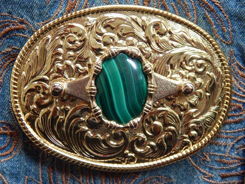 Neue Natürliche Malachit Stein Goldfarbige Metall Oval Gürtelschnalle Damen Herren von AMERICANMAGIC