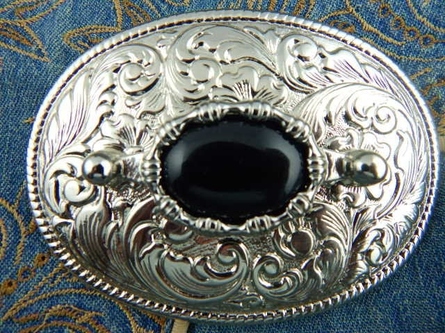 Schwarze Onyx Oval Gürtelschnalle Silber Metall Western Goth Stil von AMERICANMAGIC