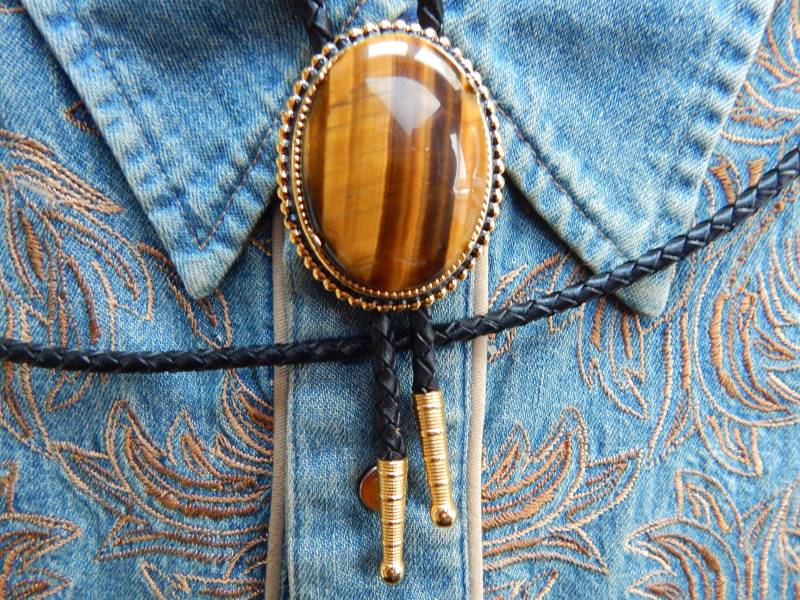 Tigerauge Stein Bolokrawatte Goldene Metall Western Bootlace Krawatte von AMERICANMAGIC