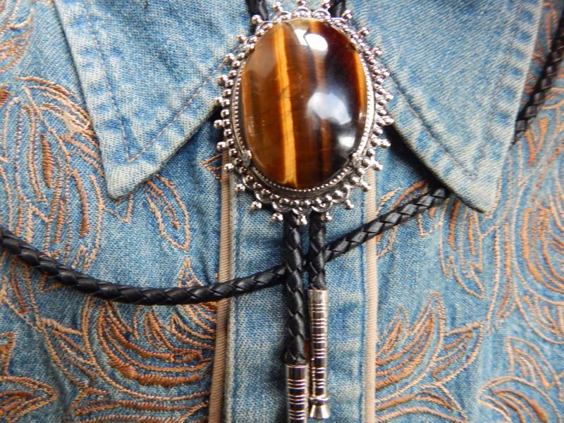 Tigerauge Stein Bolokrawatte Silberne Metall Western Bootlace Krawatte von AMERICANMAGIC
