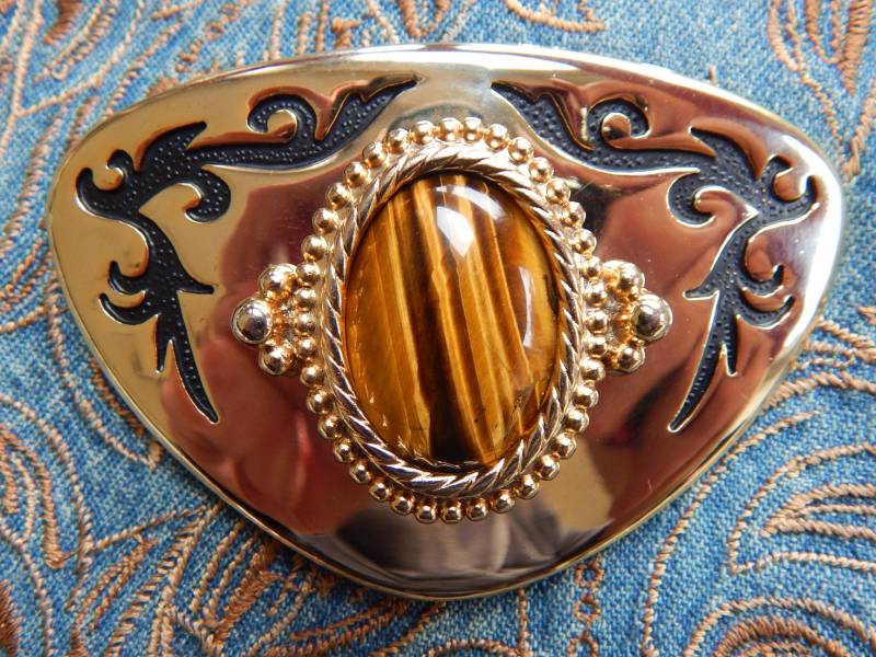 Tigerauge Stein Gürtelschnalle Gold Metal Western Goth Style von AMERICANMAGIC