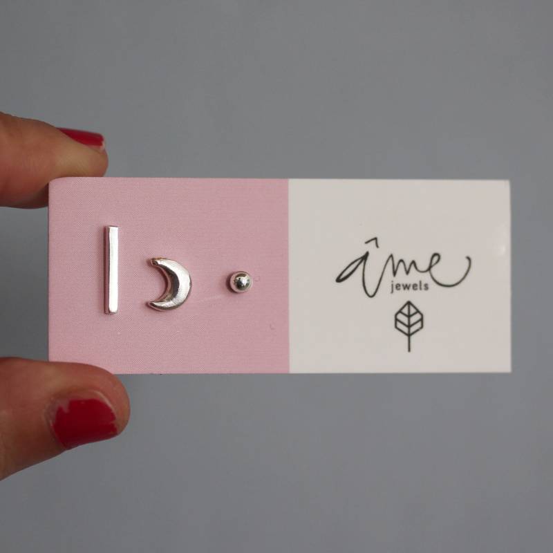 sterling Silber Ohrstecker Set Mismatched Mond, Bar, Kugel von AMEjewels