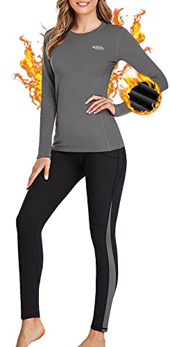Thermounterwäsche Damen Winter Skiunterwäsche Set Ski Thermo Unterwäsche Funktionsunterwäsche Motorrad Warme Thermowäsche Atmungsaktiv Funktionswäsche für zu Hause Wintersport Grau XXL von AMGUTEN