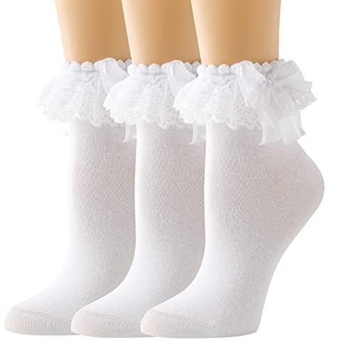 AMHRLINGTO Spitze Rüschen Rüschen Socken für Damen - Spitze Knöchelsocken mit Schleife, Weiß-3 Paar, 37-42 EU von AMHRLINGTO
