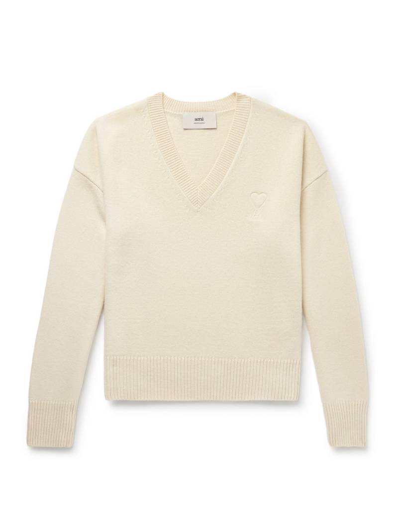 AMI PARIS - Embroidered Wool and Cashmere-Blend Sweater - Men - Neutrals - XL von AMI PARIS
