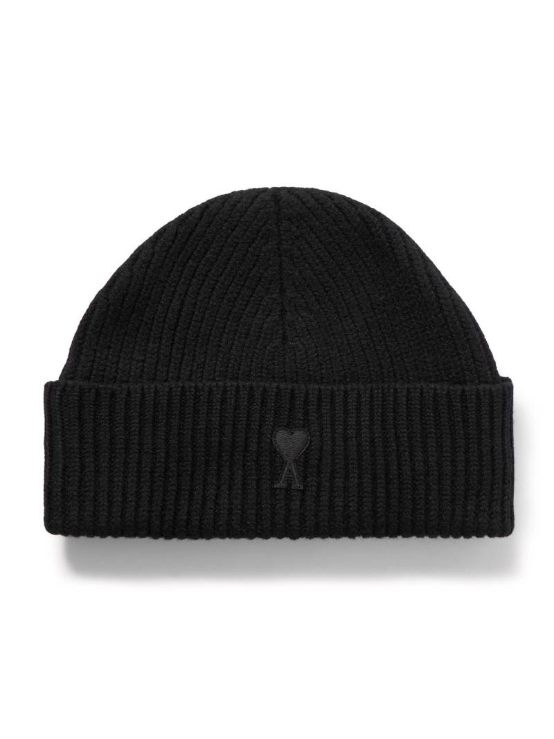 AMI PARIS - Logo-Appliquéd Ribbed Virgin Wool Beanie - Men - Black von AMI PARIS