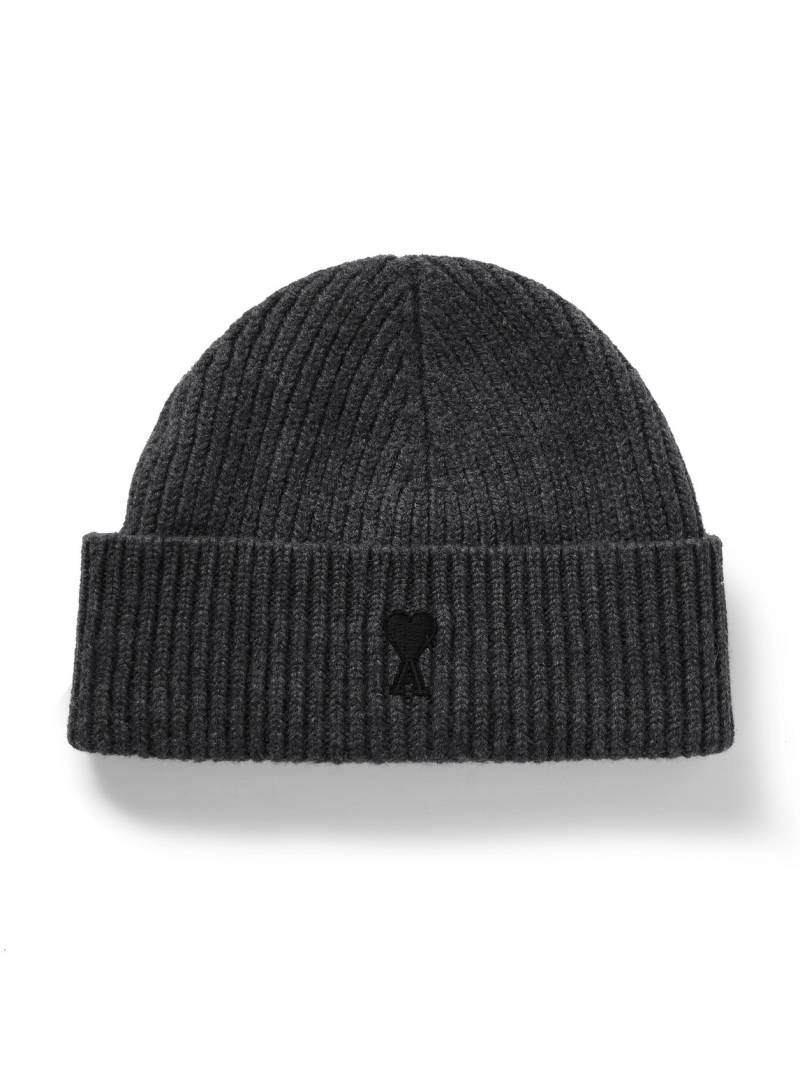 AMI PARIS - Logo-Appliquéd Ribbed Virgin Wool Beanie - Men - Gray von AMI PARIS
