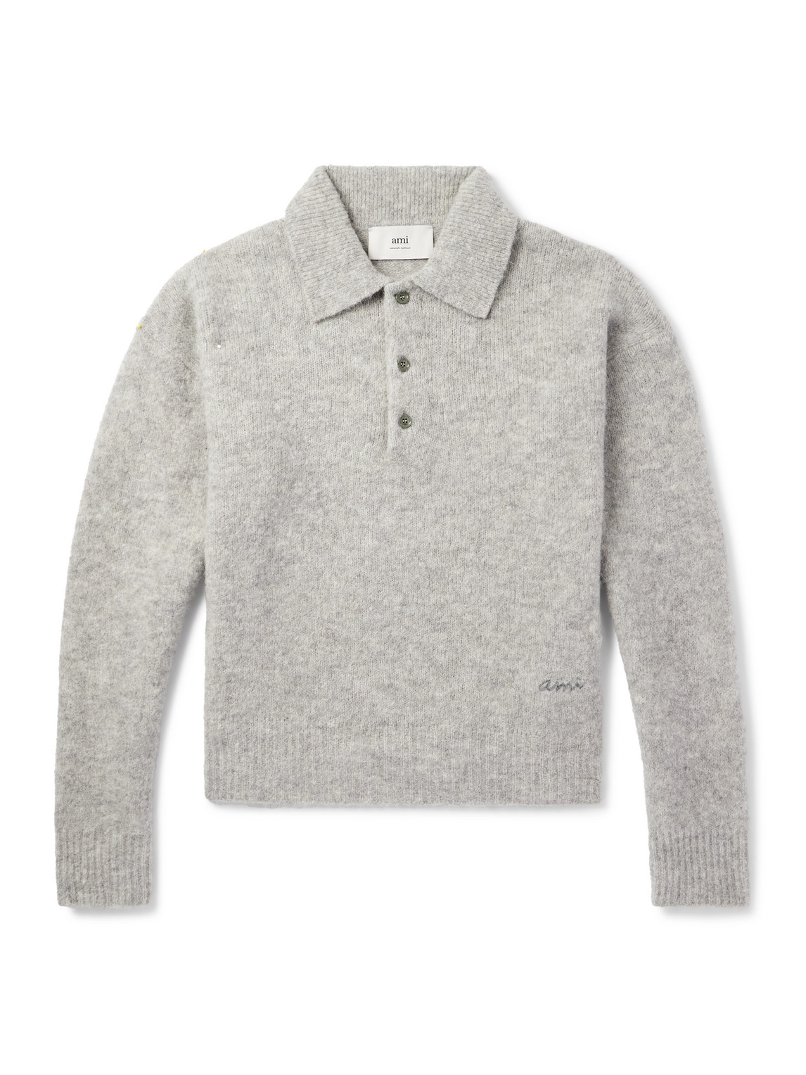 AMI PARIS - Logo-Embroidered Brushed-Knit Polo Shirt - Men - Gray - XL von AMI PARIS