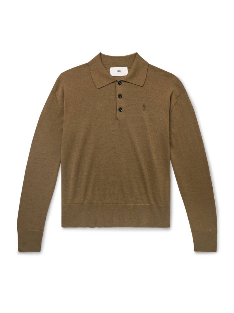 AMI PARIS - Logo-Embroidered Virgin Wool and Silk-Blend Polo Shirt - Men - Brown - XL von AMI PARIS