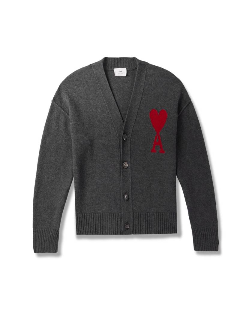 AMI PARIS - Logo-Intarsia Merino Wool Cardigan - Men - Gray - S von AMI PARIS