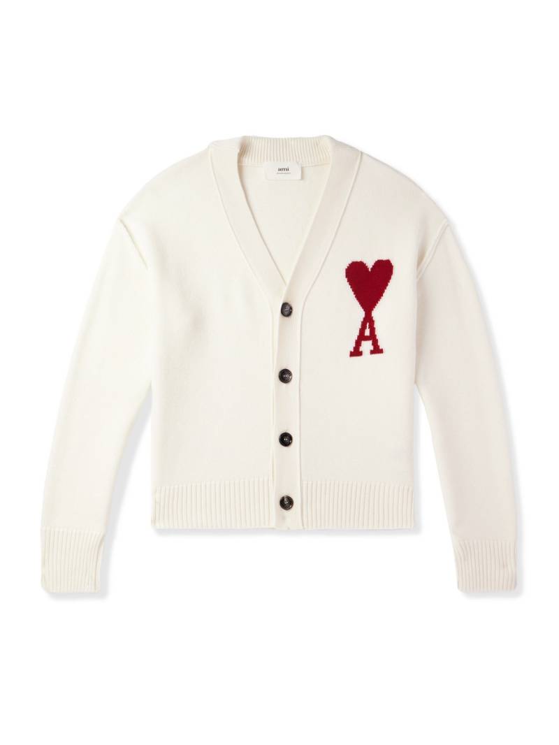 AMI PARIS - Logo-Intarsia Merino Wool Cardigan - Men - Neutrals - XS von AMI PARIS