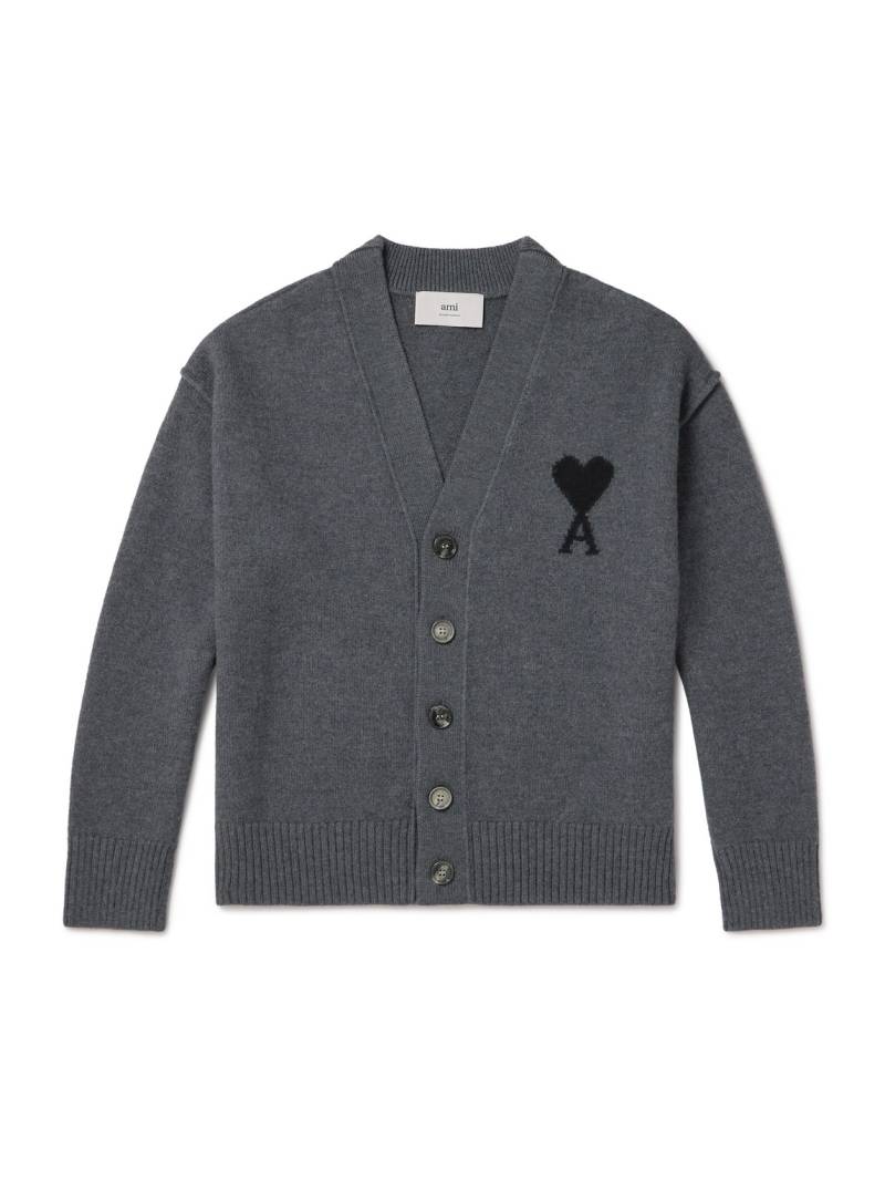 AMI PARIS - Logo-Intarsia Virgin Wool Cardigan - Men - Gray - XL von AMI PARIS
