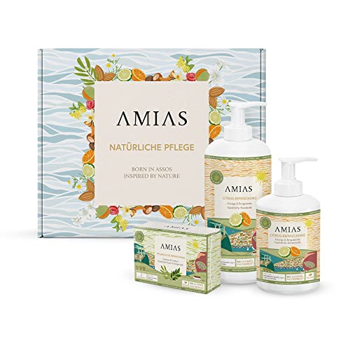 AMIAS - Geschenkset Frauen, Geschenkset Männer | natürliche feste Handseife 100g, Duschgel 300ml, flüssige Seife 500ml | 100% natürliche Öle, vegan, frei von Parabenen, Palmöl, Silikonen von AMIAS