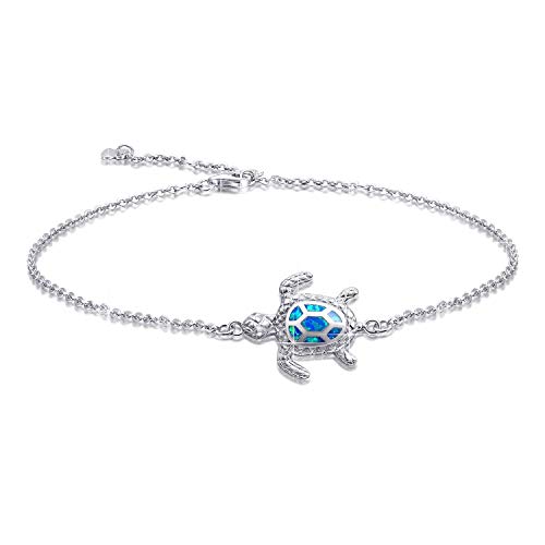 Blau Opal Sea Turtle Knöchel Meeresschildkröte Armband Sterling Silber Fußkettchen Schmuck für Frauen Geschenke 4 Level verstellbare Fußkette (großes Armband) von AMIGUO