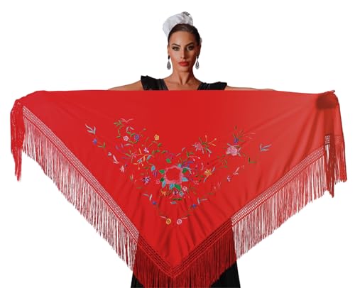 AMINA JAADE Großer Flamenco-Schal Maße: 190 x 89 cm, ohne die Fransen zu zählen (30 cm), einseitig bestickt., Roter Körper, mehrfarbige Stickerei, X-Large von AMINA JAADE