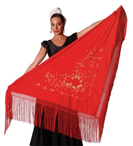 AMINA JAADE Großer Flamenco-Schal Maße: 190 x 89 cm, ohne die Fransen zu zählen (30 cm), einseitig bestickt., Roter Körper, rot-goldene Stickerei, X-Large von AMINA JAADE
