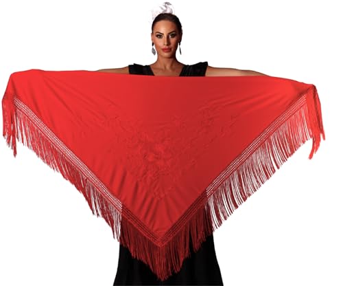 AMINA JAADE Großer Flamenco-Schal Maße: 190 x 89 cm, ohne die Fransen zu zählen (30 cm), einseitig bestickt., Roter Körper, rote Stickerei, X-Large von AMINA JAADE