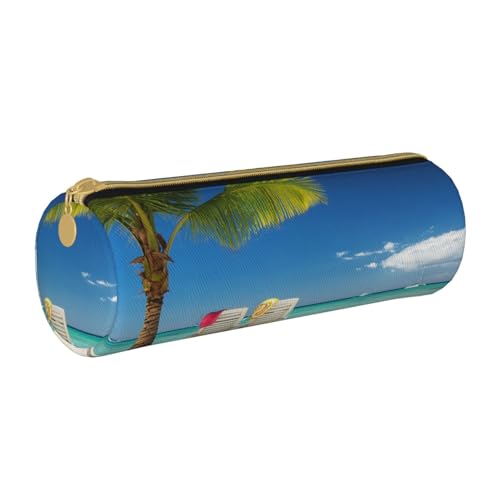 AMINNU Beach Palm Tree Chairs Boats Cylinder Pencil Case Durable Pencil Case Student Pencil Case Zipper Pencil Case Suitable for Schools and Offices, Unisex, weiß, Einheitsgröße, Kosmetiktasche von AMINNU