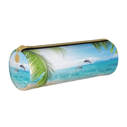 AMINNU Beach Sea Palms Zylinder-Federmäppchen, strapazierfähiges Federmäppchen, Schüler-Federmäppchen, Reißverschluss-Federmäppchen, geeignet für Schulen und Büros, Unisex, weiß, Einheitsgröße, von AMINNU