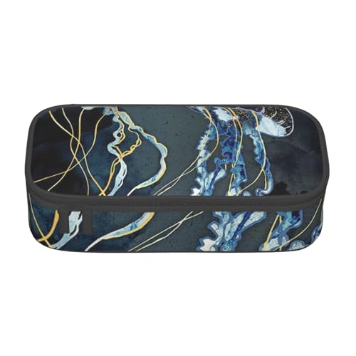 AMINNU Blau und Gold Quallen Große Kapazität Federmäppchen Multifunktionales Federmäppchen Federmäppchen für Teenager mit Reißverschluss Geeignet für Schulen und Büros, Schwarz , Einheitsgröße, von AMINNU